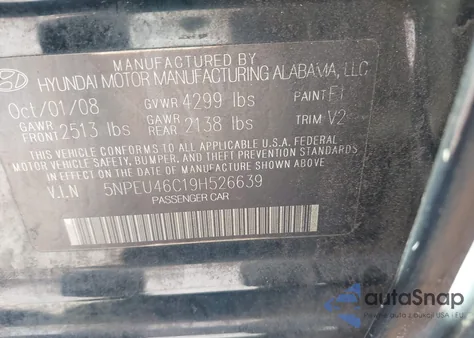 2009 Hyundai Sonata Limited z USA, uszkodzony, nr VIN 5NPEU46C19H526639